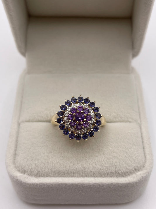 9ct gold amethyst, iolite and diamond ring