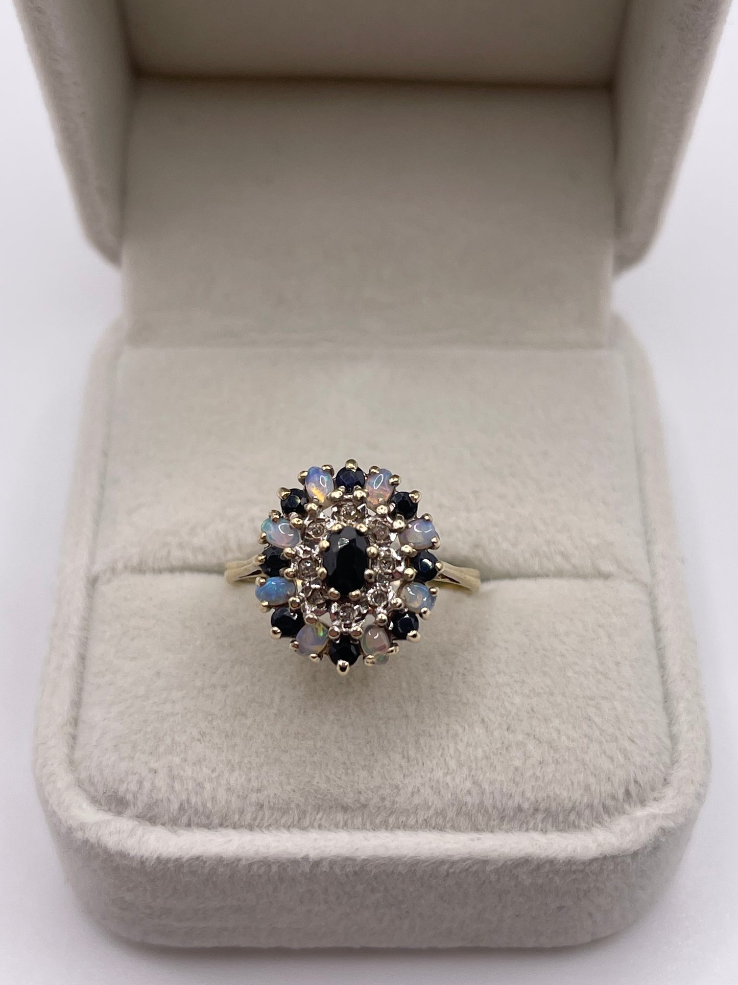 9ct gold opal, sapphire and diamond ring