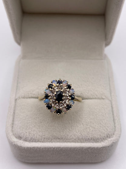 9ct gold opal, sapphire and diamond ring