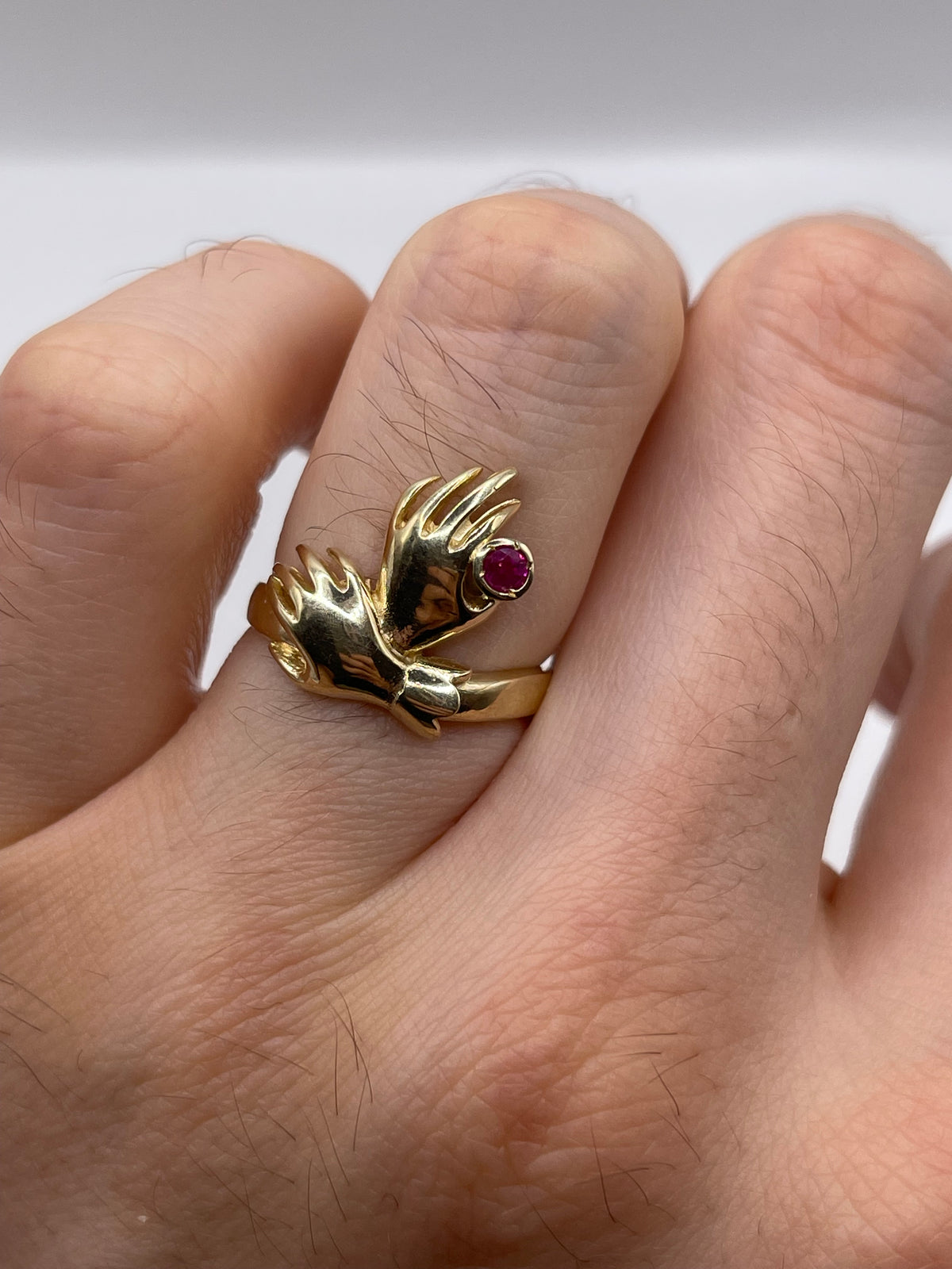 9ct gold ruby double hand ring