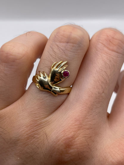9ct gold ruby double hand ring