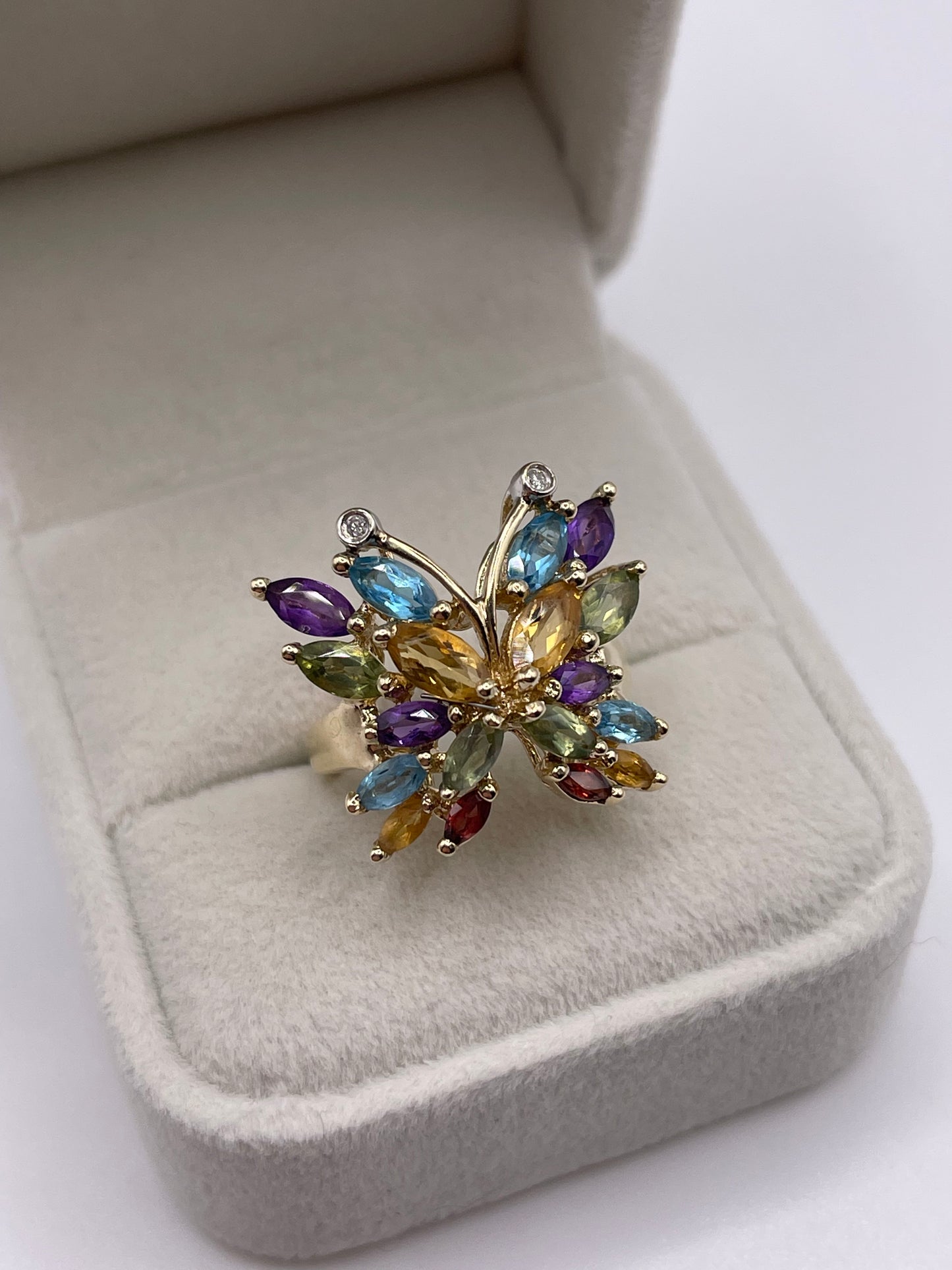 9ct gold multi gemstone and diamond butterfly ring