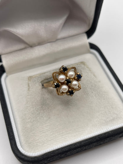 Heavy 9ct gold pearl and sapphire ring