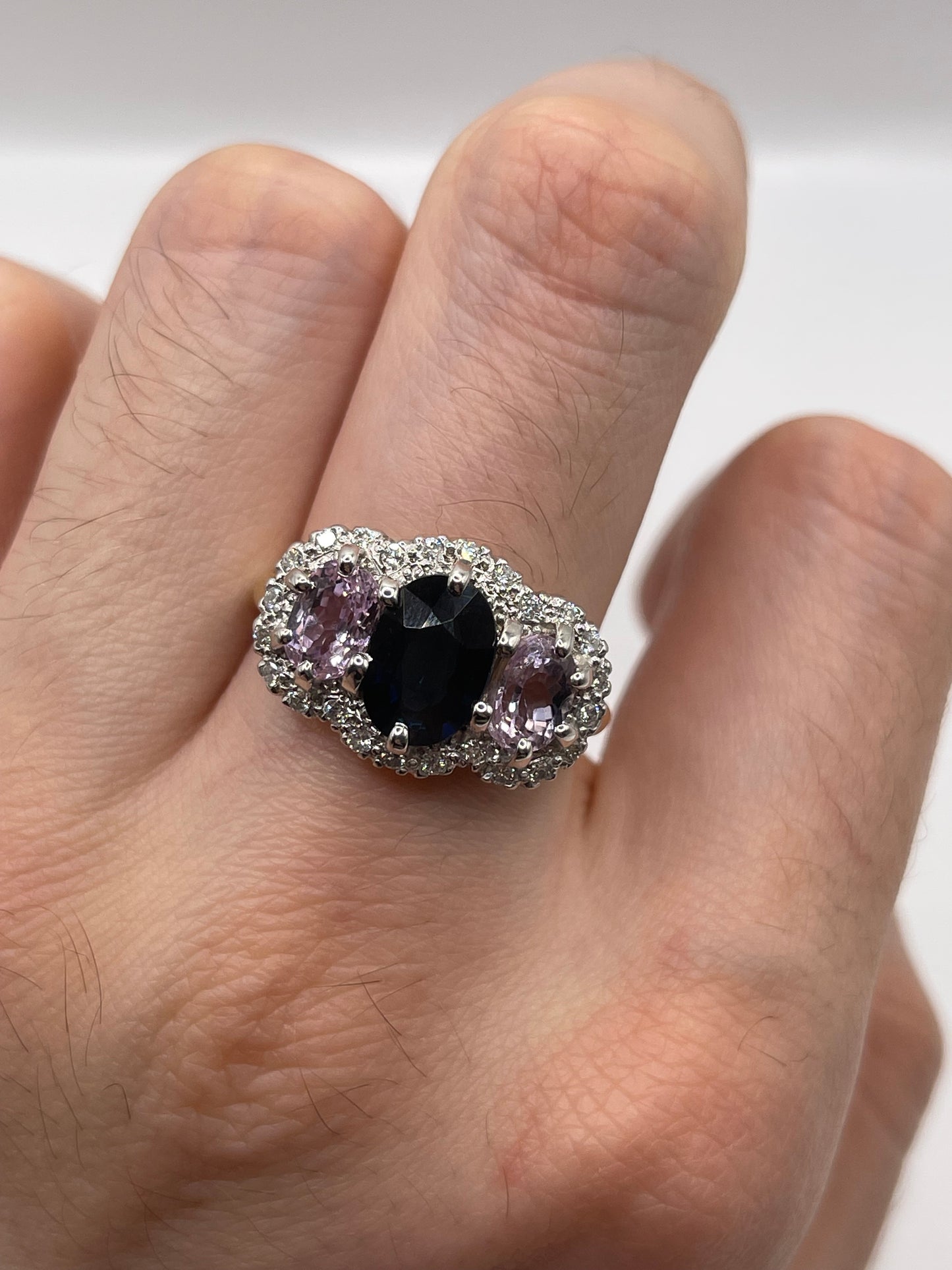18ct gold sapphire, kunzite and diamond ring