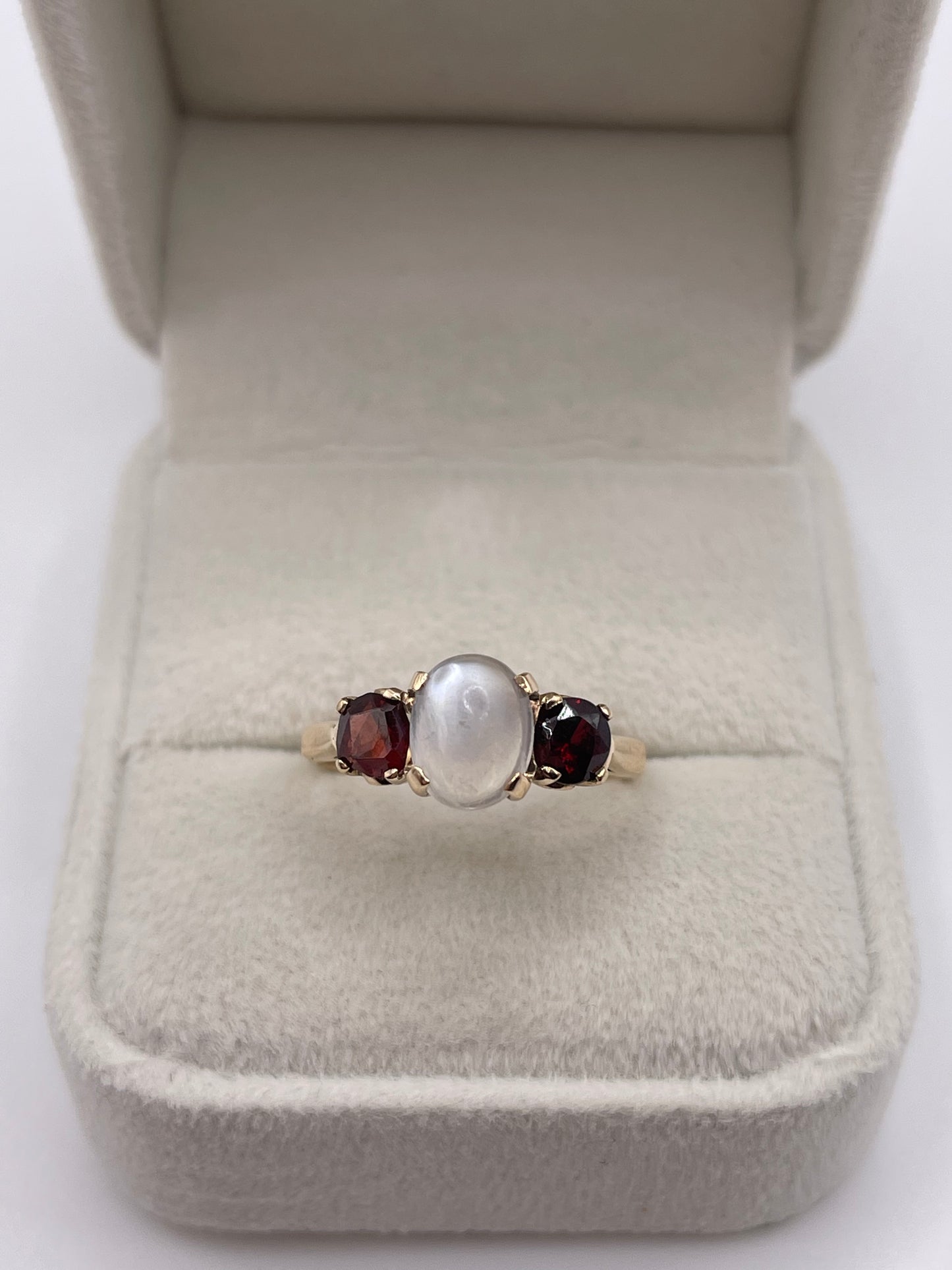 9ct rose gold moonstone and garnet ring