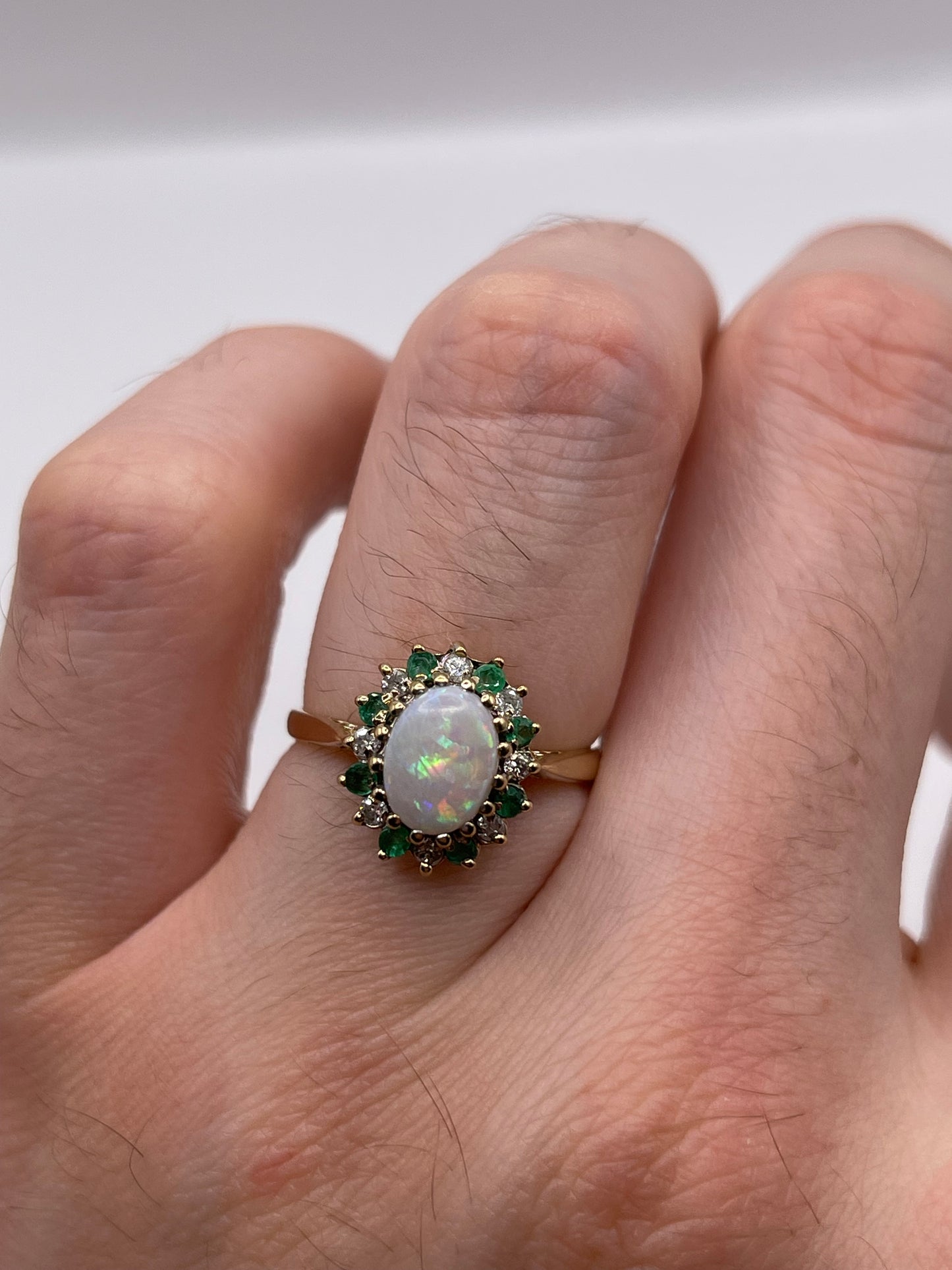 9ct gold opal, emerald and diamond ring