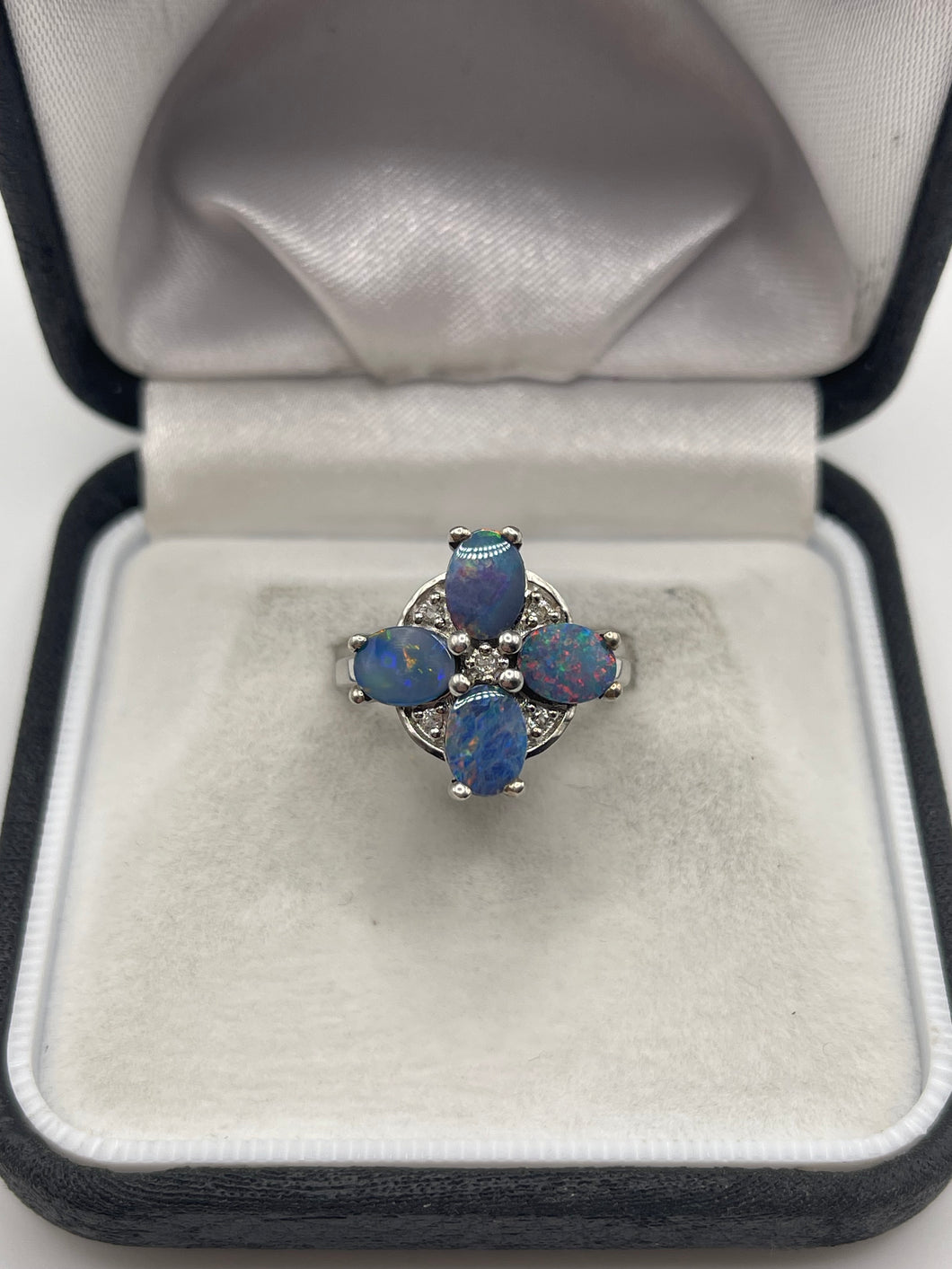 Silver black opal cluster ring