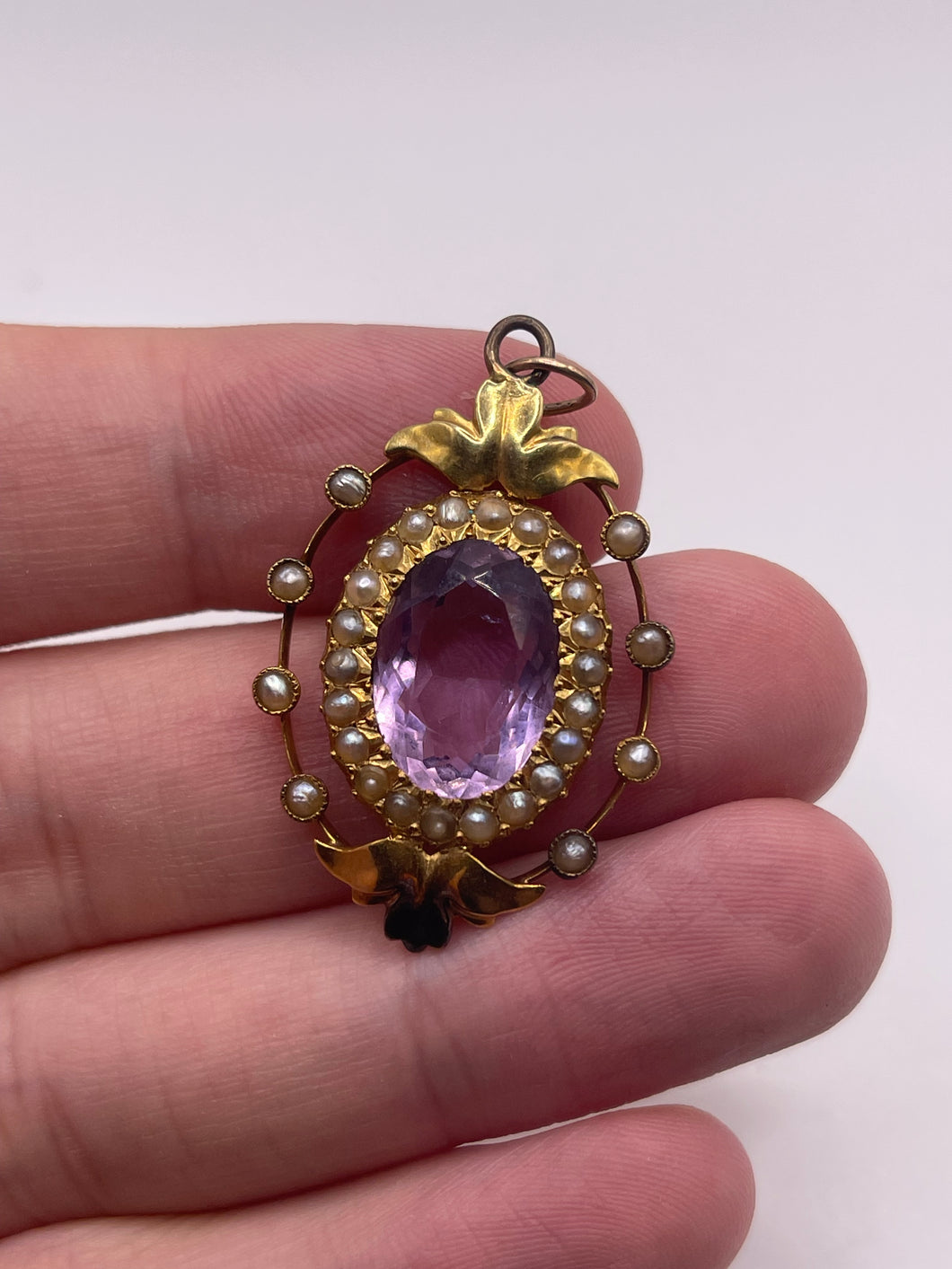 Antique 15ct gold amethyst and pearl pendant