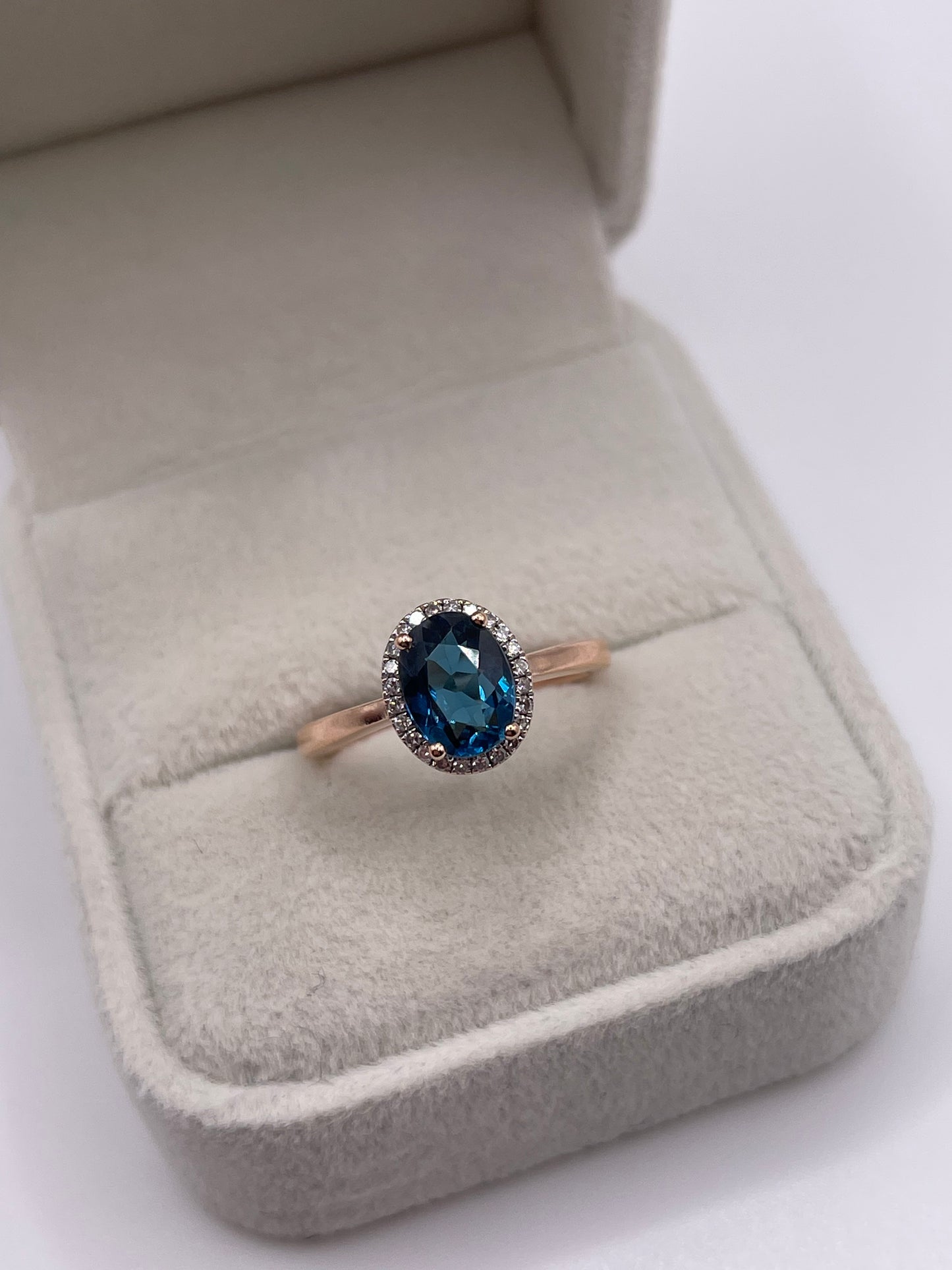 9ct rose gold blue topaz and diamond ring