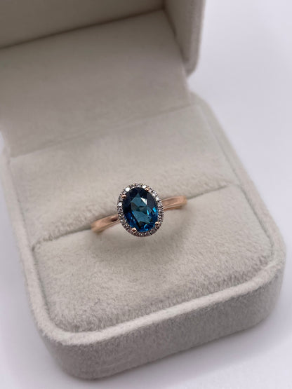 9ct rose gold blue topaz and diamond ring