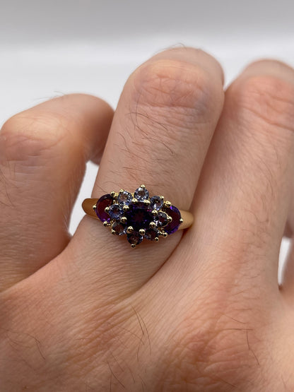 9ct gold amethyst and tanzanite cluster ring
