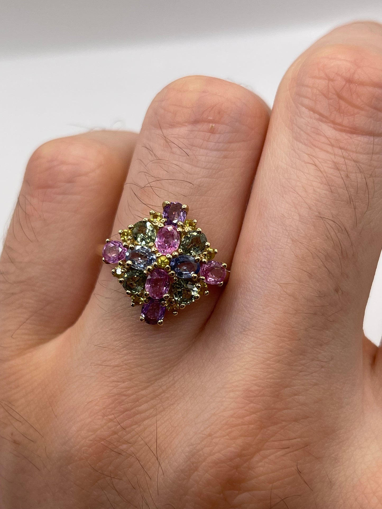 9ct gold multi coloured sapphire cluster ring