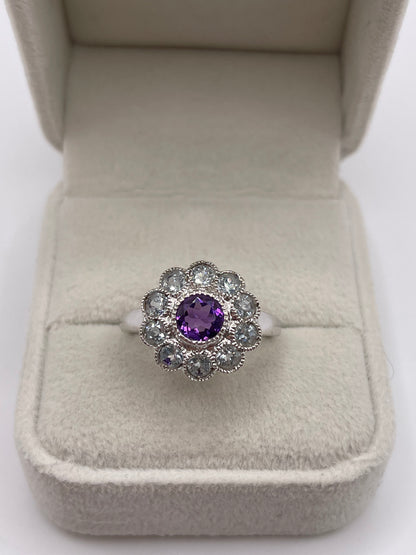 9ct white gold amethyst and aquamarine ring