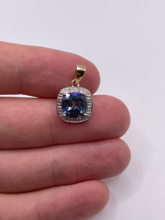 9ct gold mystic topaz and diamond pendant