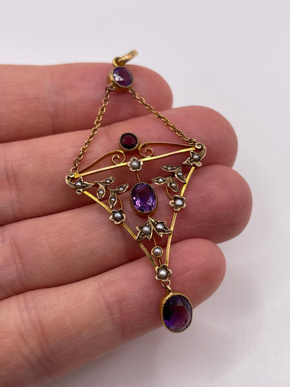 Antique 9ct gold amethyst and pearl pendant