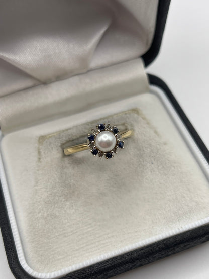 9ct gold pearl, sapphire and diamond ring