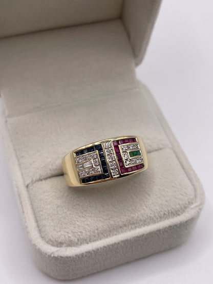 9ct gold ruby, sapphire, emerald and diamond ring