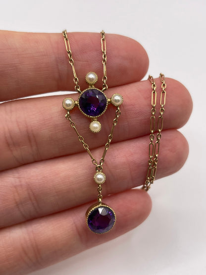 Antique 15ct gold amethyst and pearl necklace
