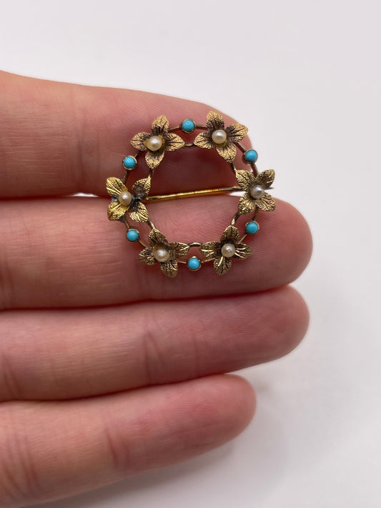 Antique 15ct gold turquoise and pearl brooch