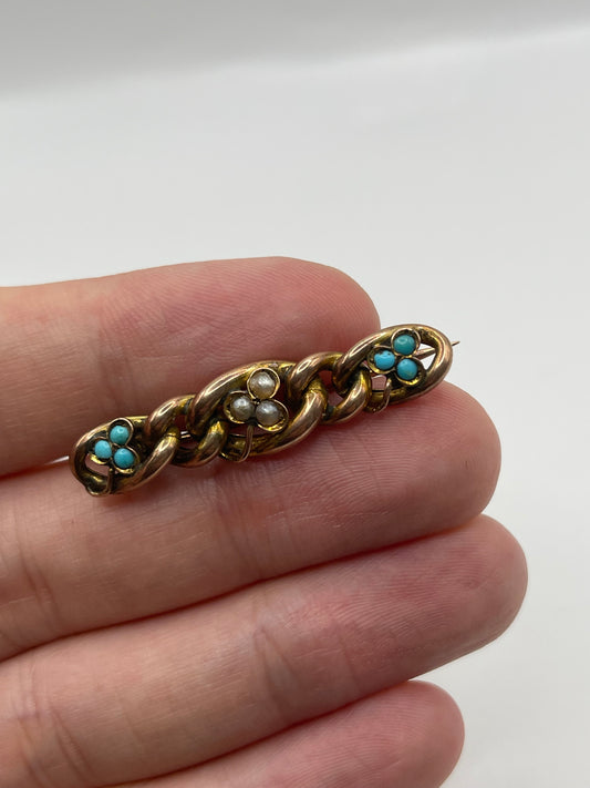 Antique 9ct rose gold turquoise and pearl brooch