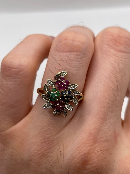 9ct gold ruby, emerald, sapphire and diamond ring