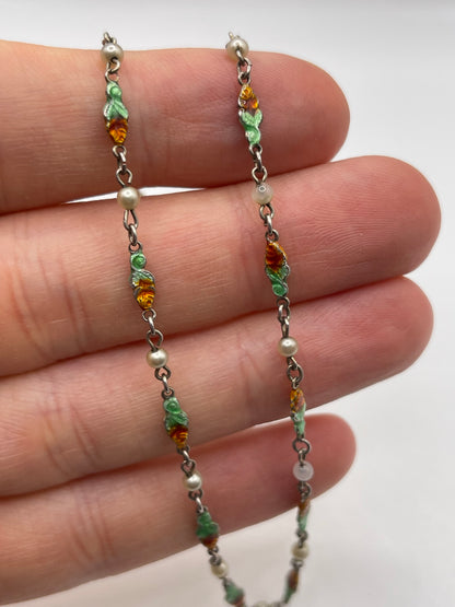 Silver enamel and pearl necklace
