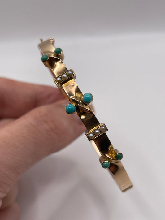 Antique 9ct rose gold turquoise and pearl bangle