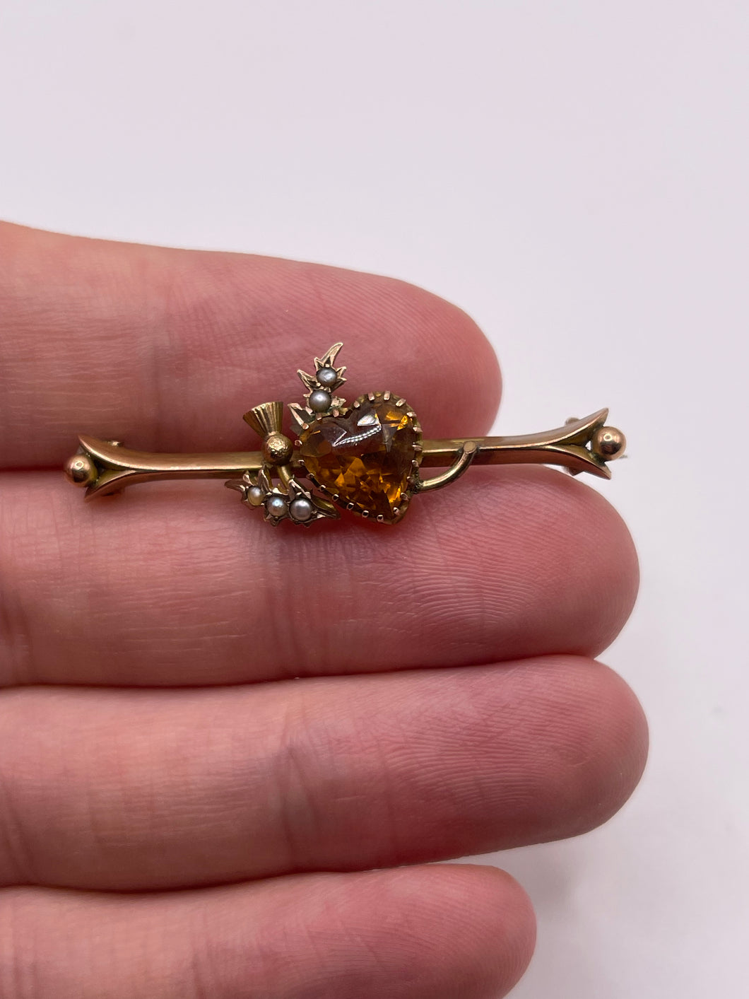 9ct gold citrine paste and pearl brooch