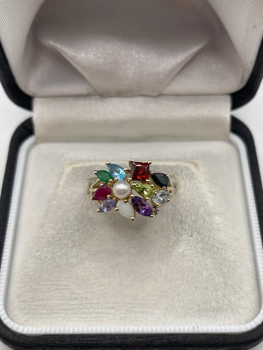 9ct gold multi gemstone cluster ring