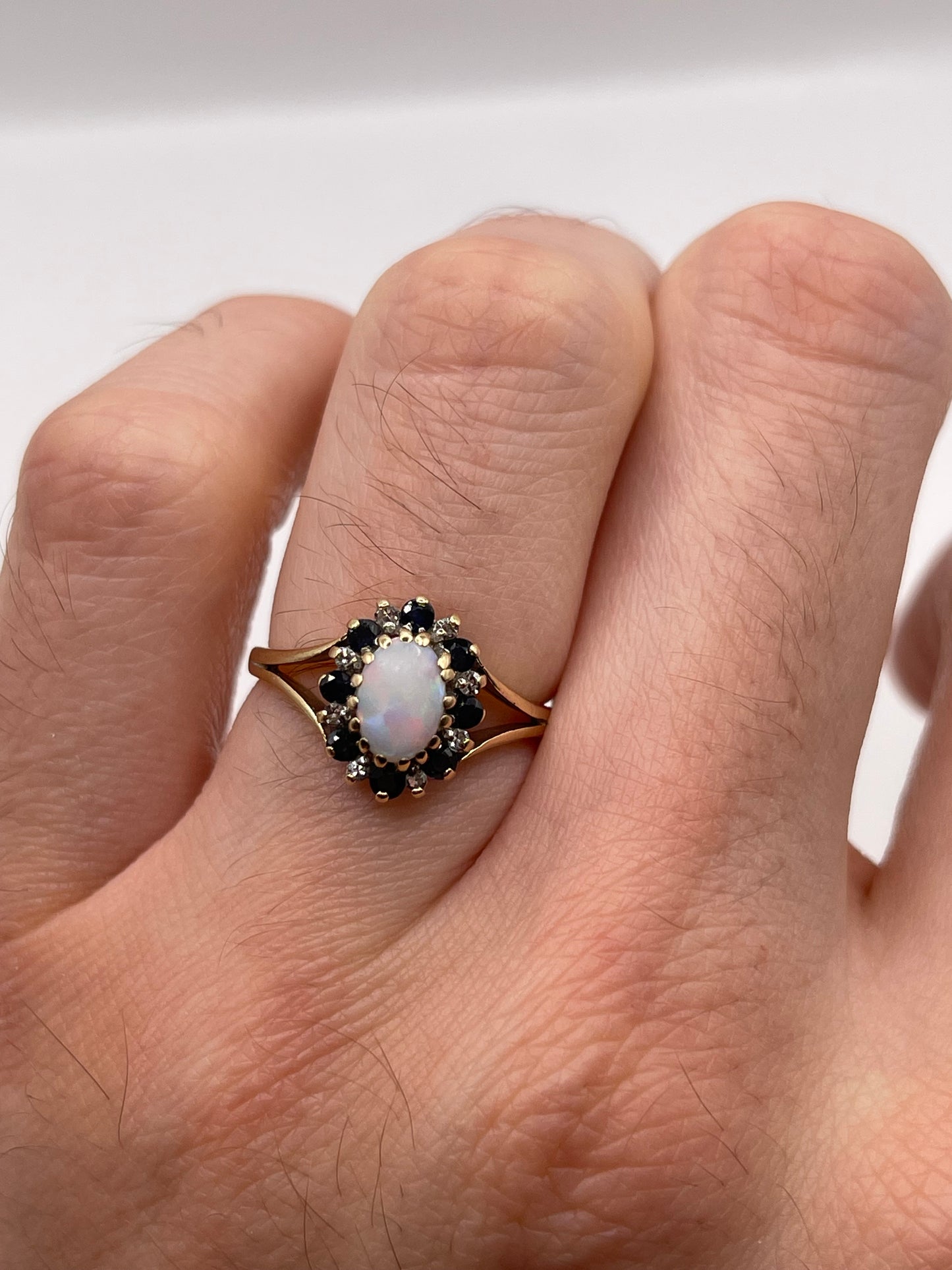 9ct gold opal, sapphire and diamond ring