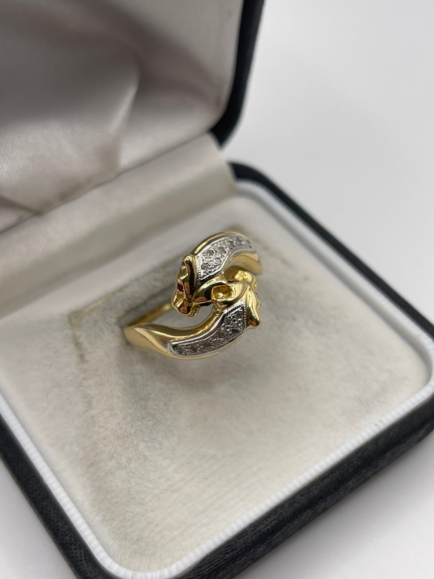 18ct gold ruby and diamond double panther ring