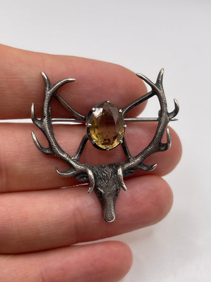 Silver citrine stag brooch