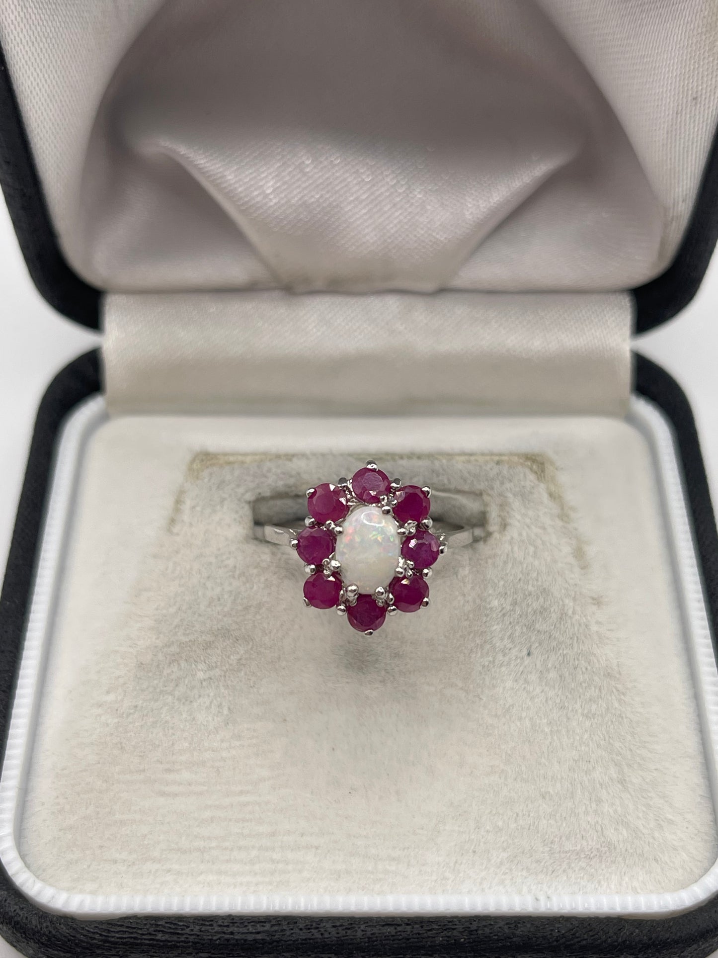 9ct white gold opal and ruby ring
