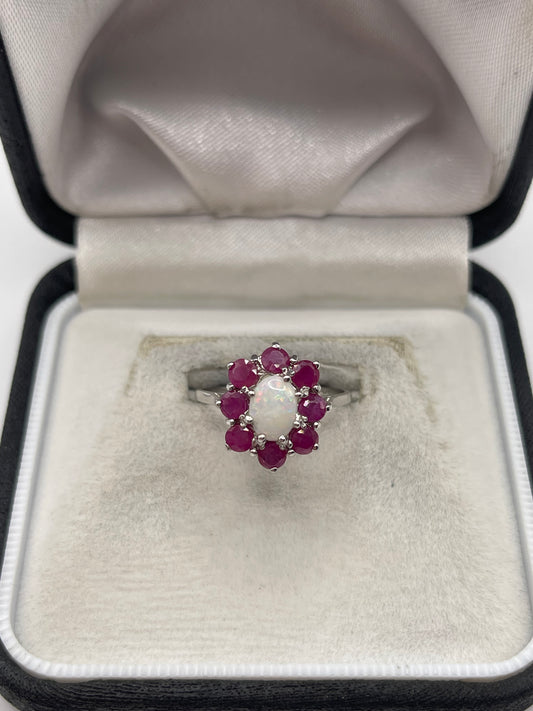 9ct white gold opal and ruby ring
