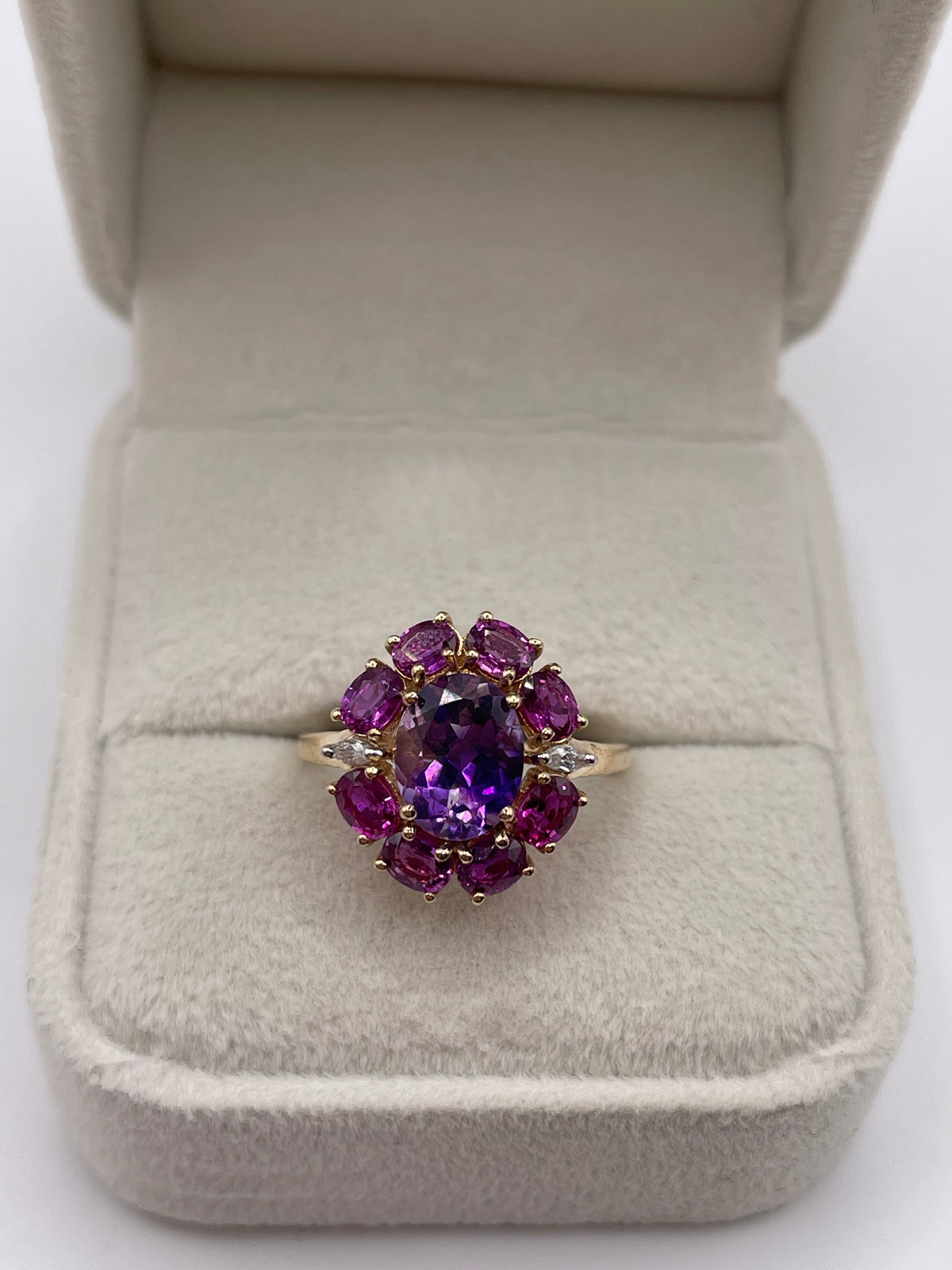 9ct gold amethyst, tourmaline and zircon ring