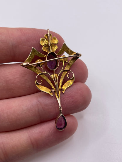 Antique 9ct gold amethyst and pearl pendant