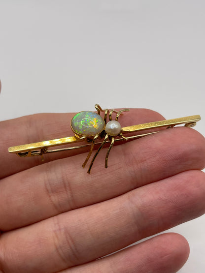 Antique 15ct gold opal and pearl spider brooch