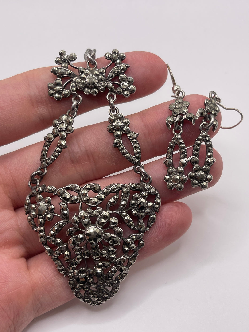 Antique silver pyrite pendant and earring set