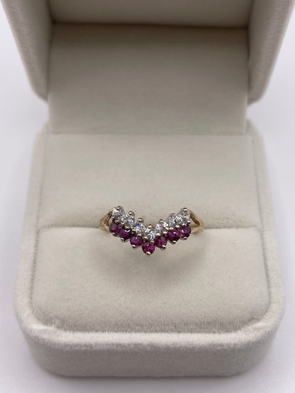 9ct gold ruby and cz wishbone ring