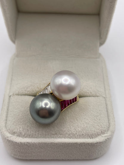 18ct gold pearl, ruby and diamond ring