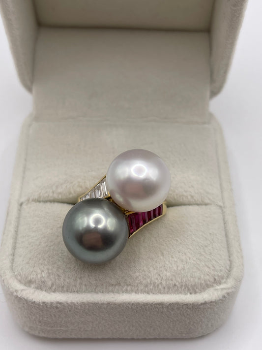 18ct gold pearl, ruby and diamond ring