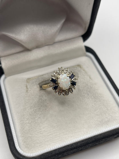 9ct gold opal, sapphire and diamond ring