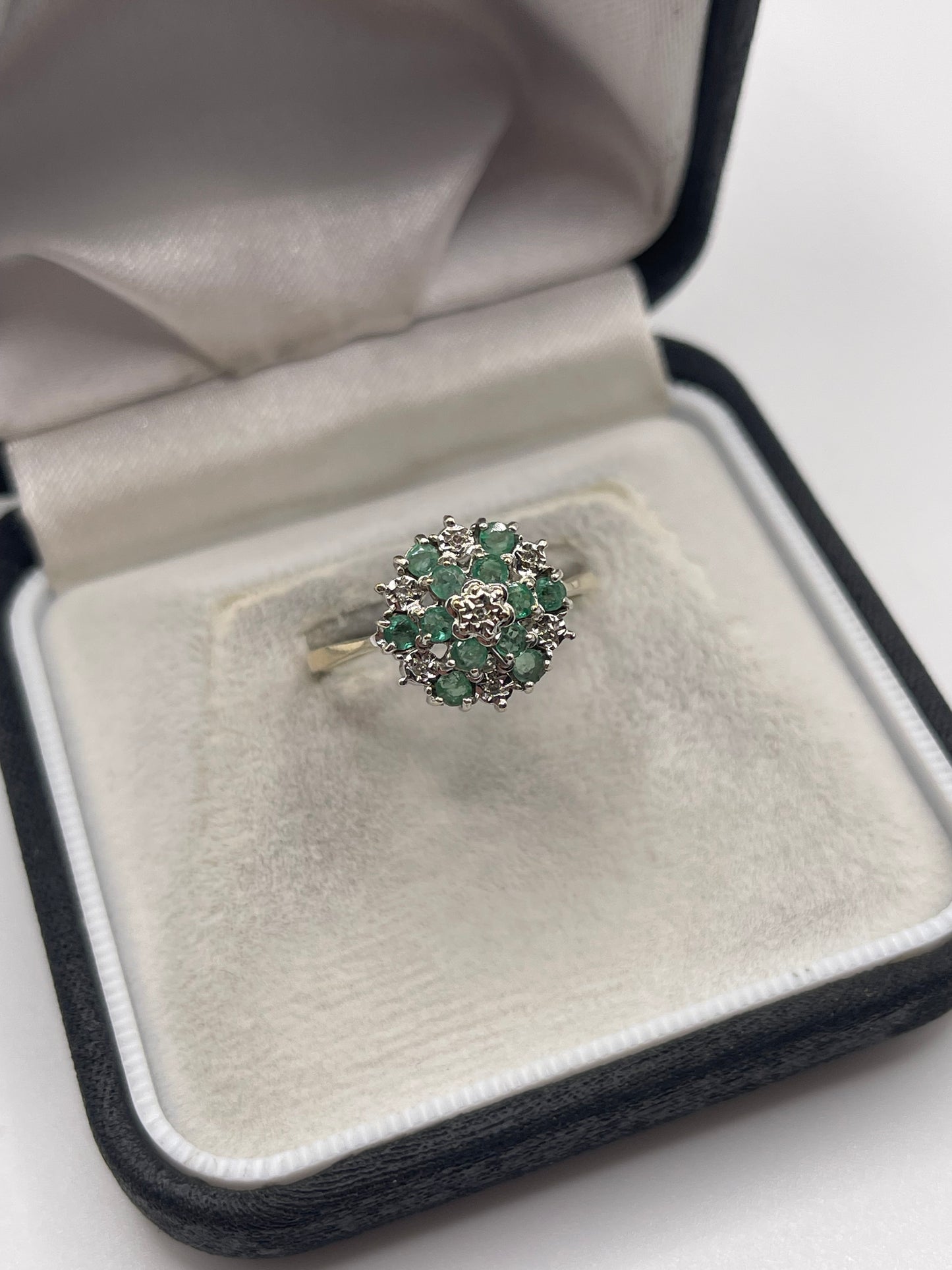 9ct gold emerald and diamond cluster ring