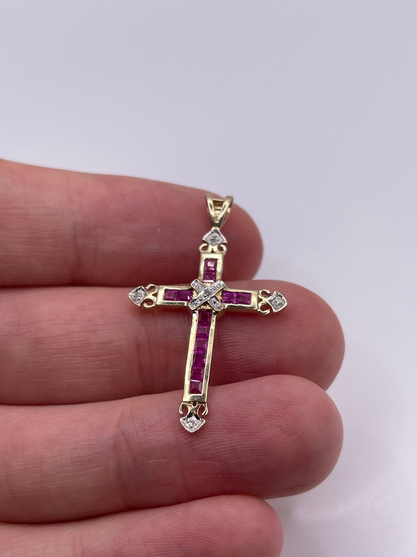 9ct gold ruby and diamond cross pendant