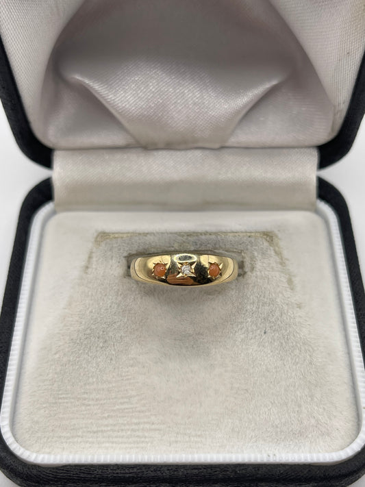 9ct gold coral and diamond gypsy ring