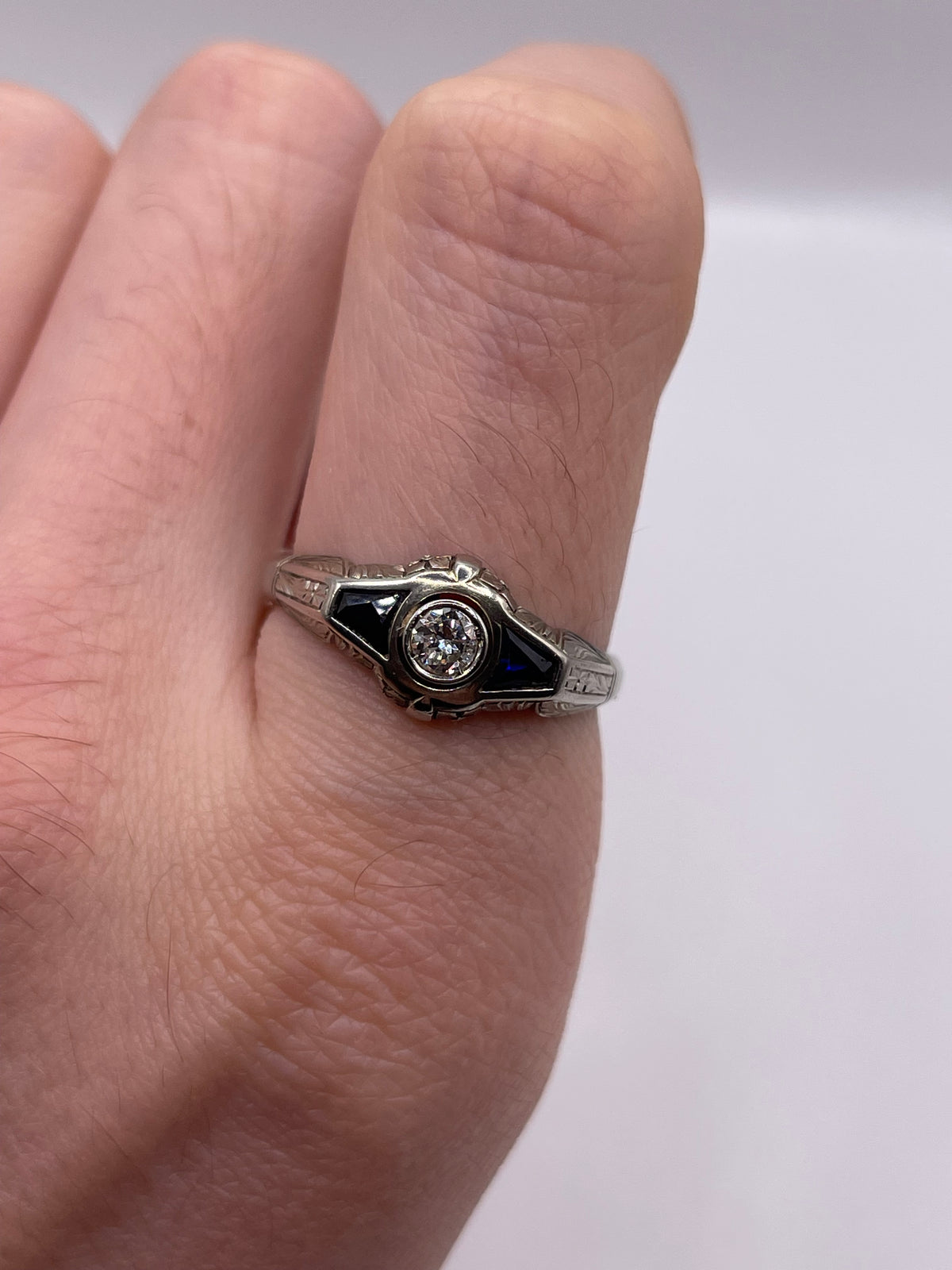 18ct white gold synthetic sapphire and diamond ring