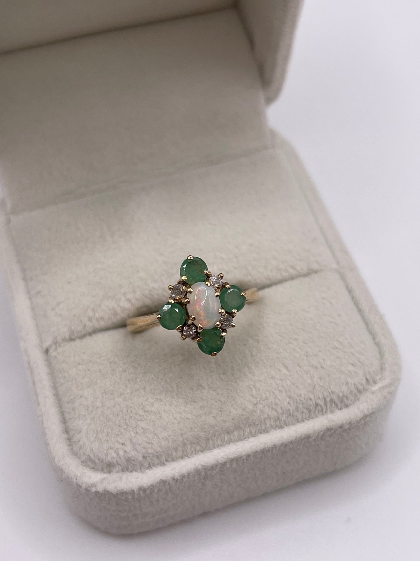 9ct gold opal, emerald and diamond ring