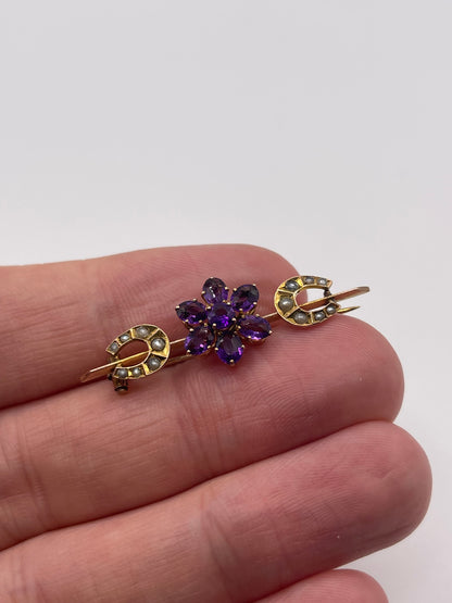 9ct gold amethyst and pearl brooch