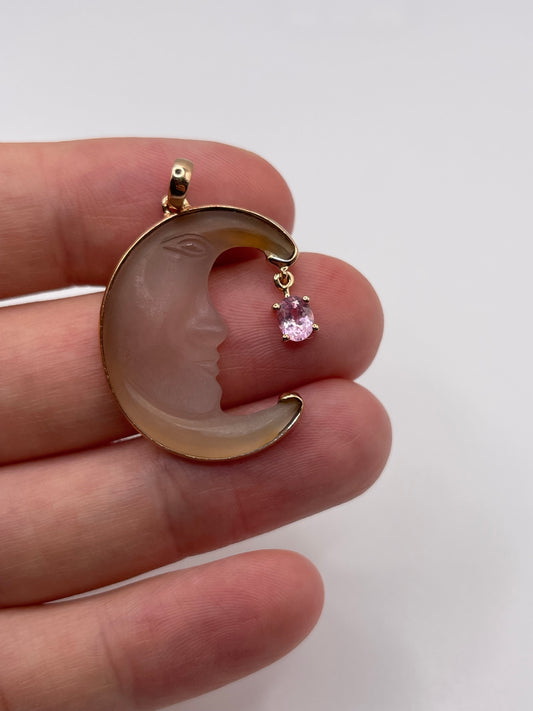 Glenn Lehrer 9ct rose gold chalcedony and pink spinel carved moon pendant
