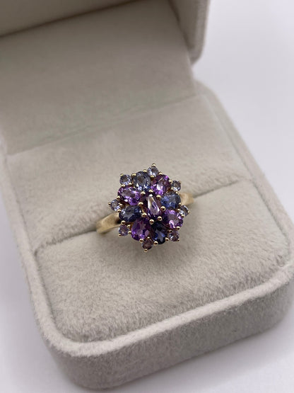 9ct gold amethyst, iolite and tanzanite ring